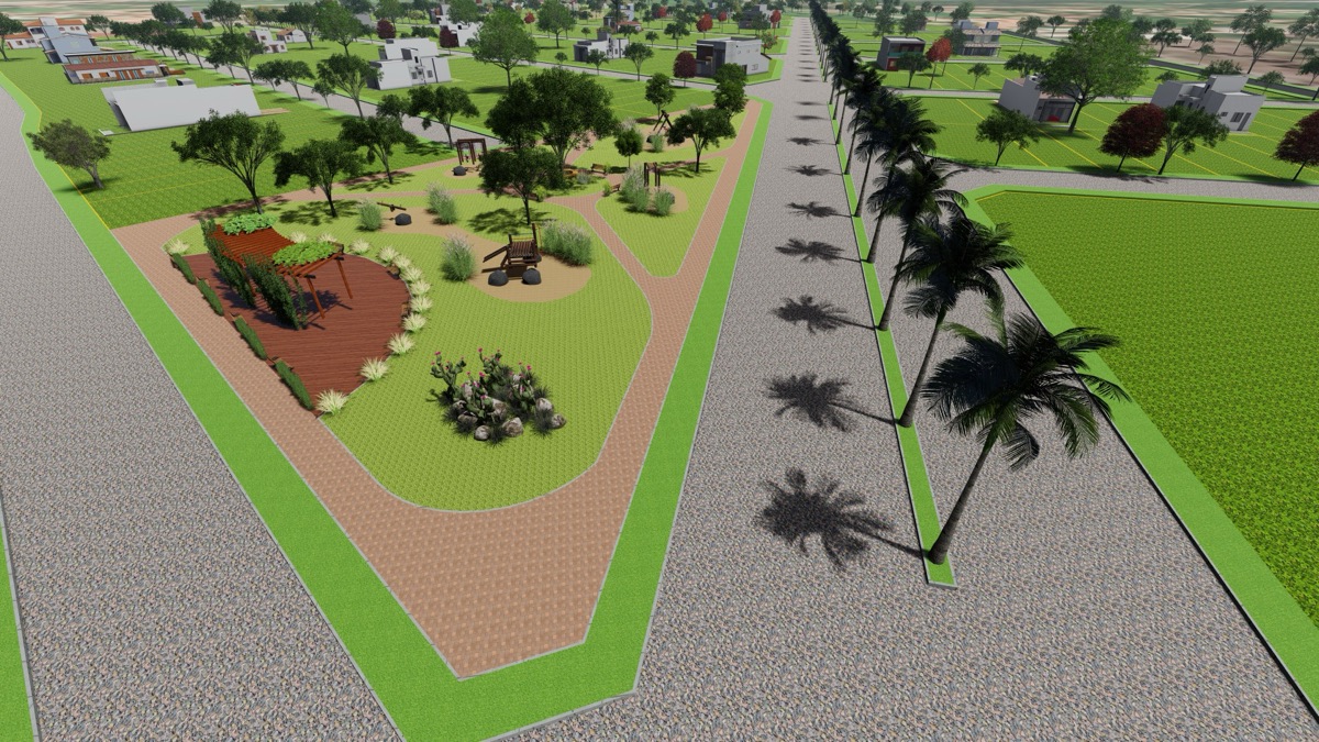 Ilustração da avenida paisagística com pista dupla, palmeiras e canteiro central