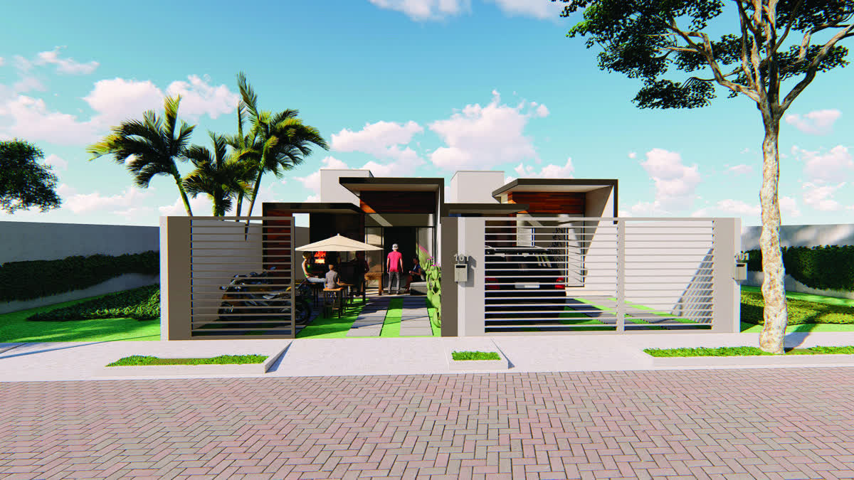 Ilustração de casa térrea com jardim e garagem construída num lote do Terras de Aquiraz