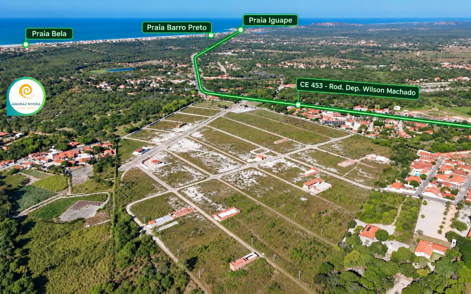 Foto aérea do loteamento com o caminho pela CE-453 até as praias do Iguape, Barro Preto e Praia Bela marcado sobre a imagem