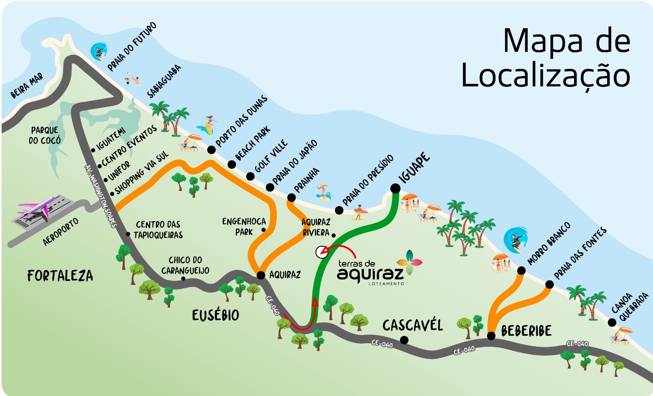 Mapa ilustrado do litoral de Fortaleza a Canoa Quebrada, mostrando o Terras de Aquiraz entre Aquiraz e a Praia do Iguape, perto do Aquiraz Riviera e do Beach Park